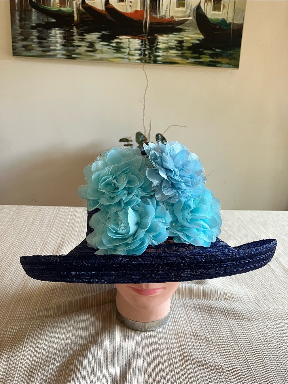 Navy Wide-Brim Hat with Light Blue Floral Accents